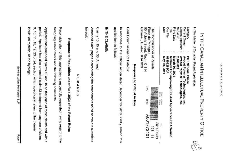 Document de brevet canadien 2406024. Poursuite-Amendment 20101230. Image 1 de 5
