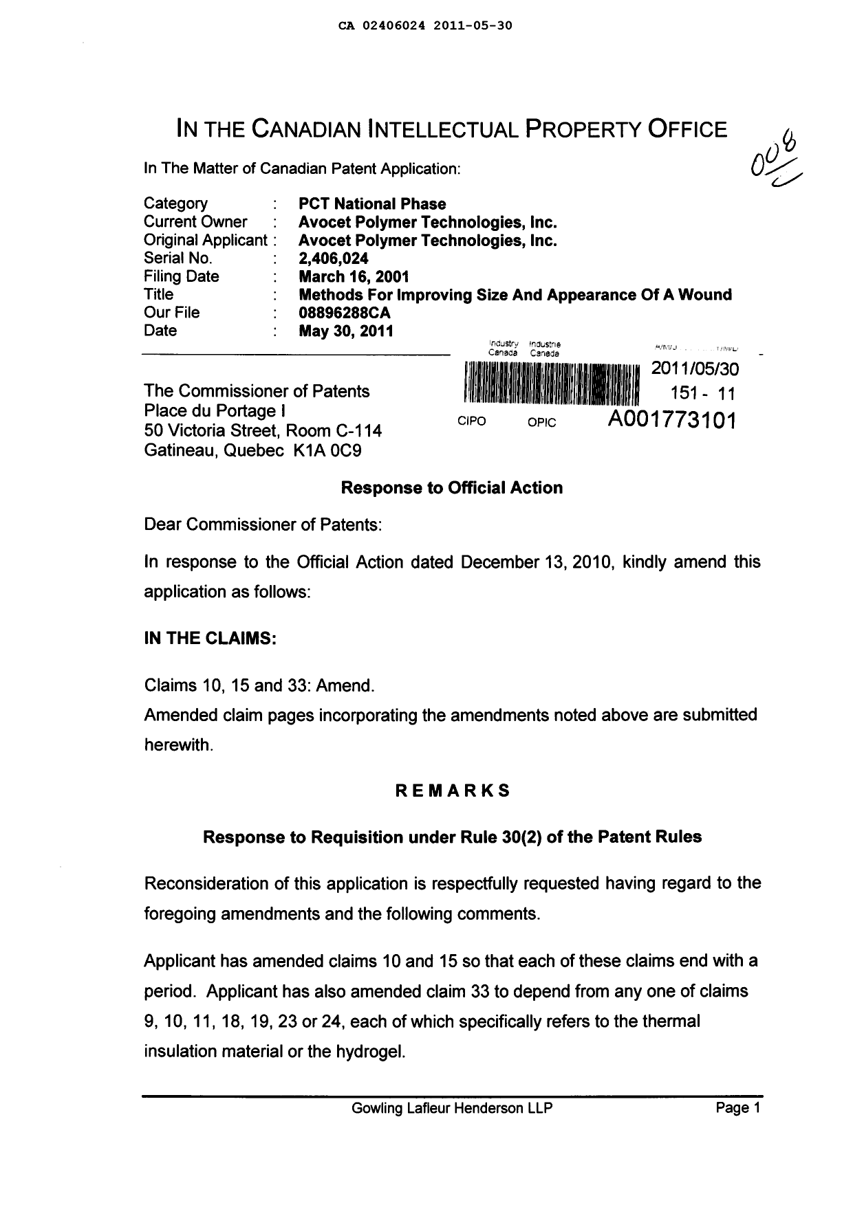 Document de brevet canadien 2406024. Poursuite-Amendment 20101230. Image 1 de 5