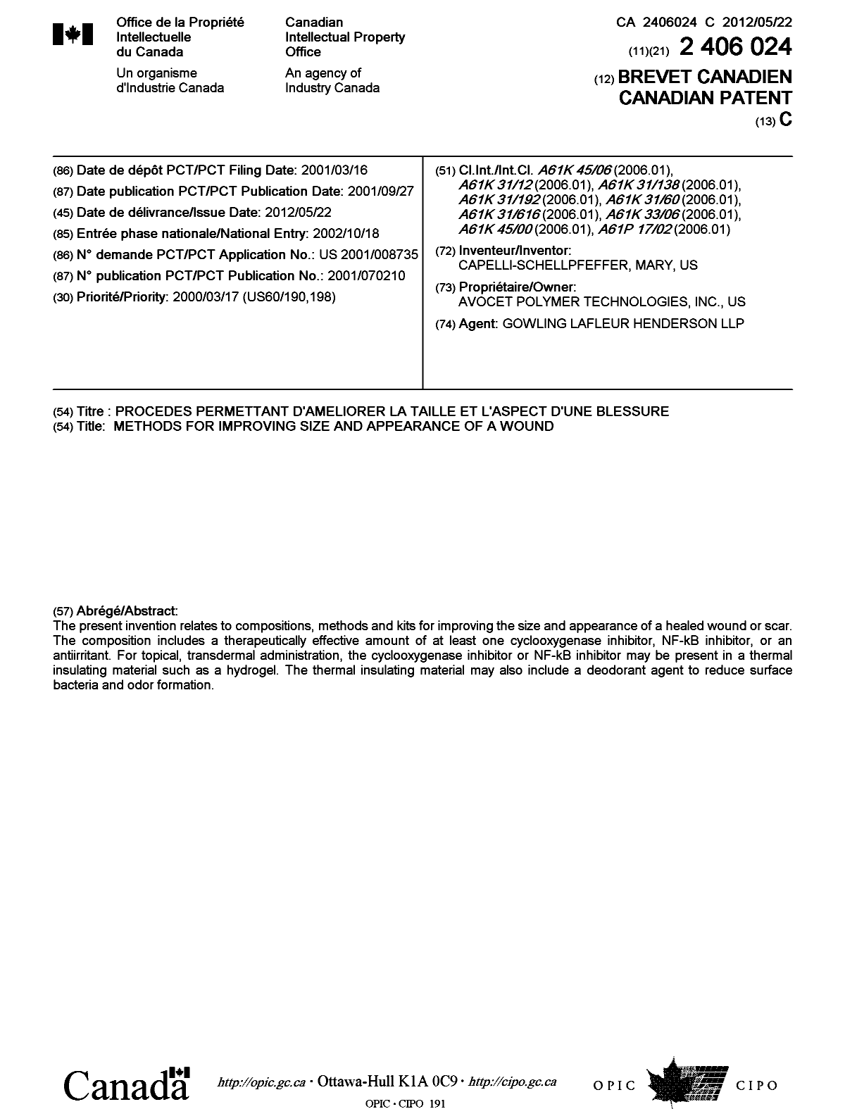 Document de brevet canadien 2406024. Page couverture 20111226. Image 1 de 1