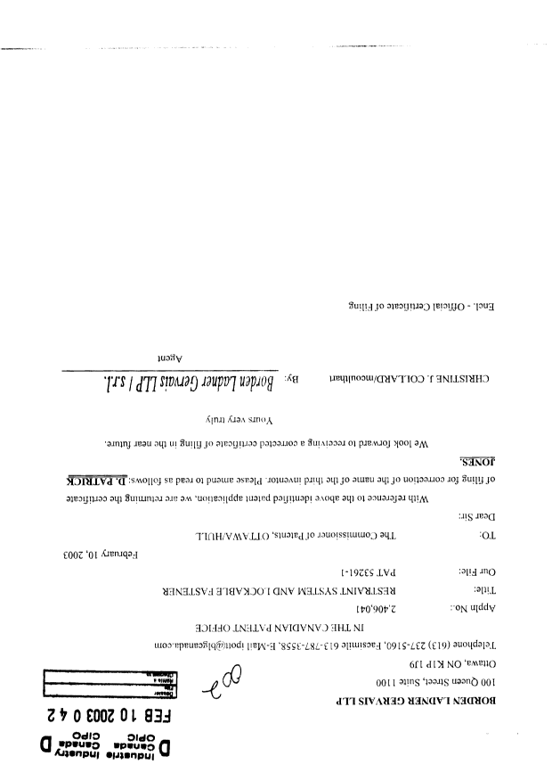 Canadian Patent Document 2406041. Correspondence 20030210. Image 1 of 2