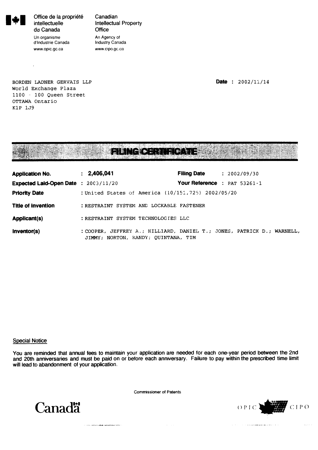 Canadian Patent Document 2406041. Correspondence 20030210. Image 2 of 2