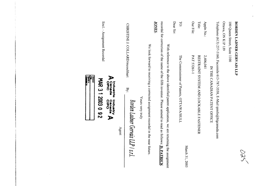 Document de brevet canadien 2406041. Cession 20030331. Image 1 de 2