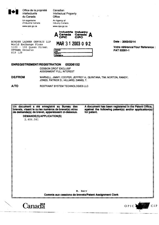 Document de brevet canadien 2406041. Cession 20030331. Image 2 de 2