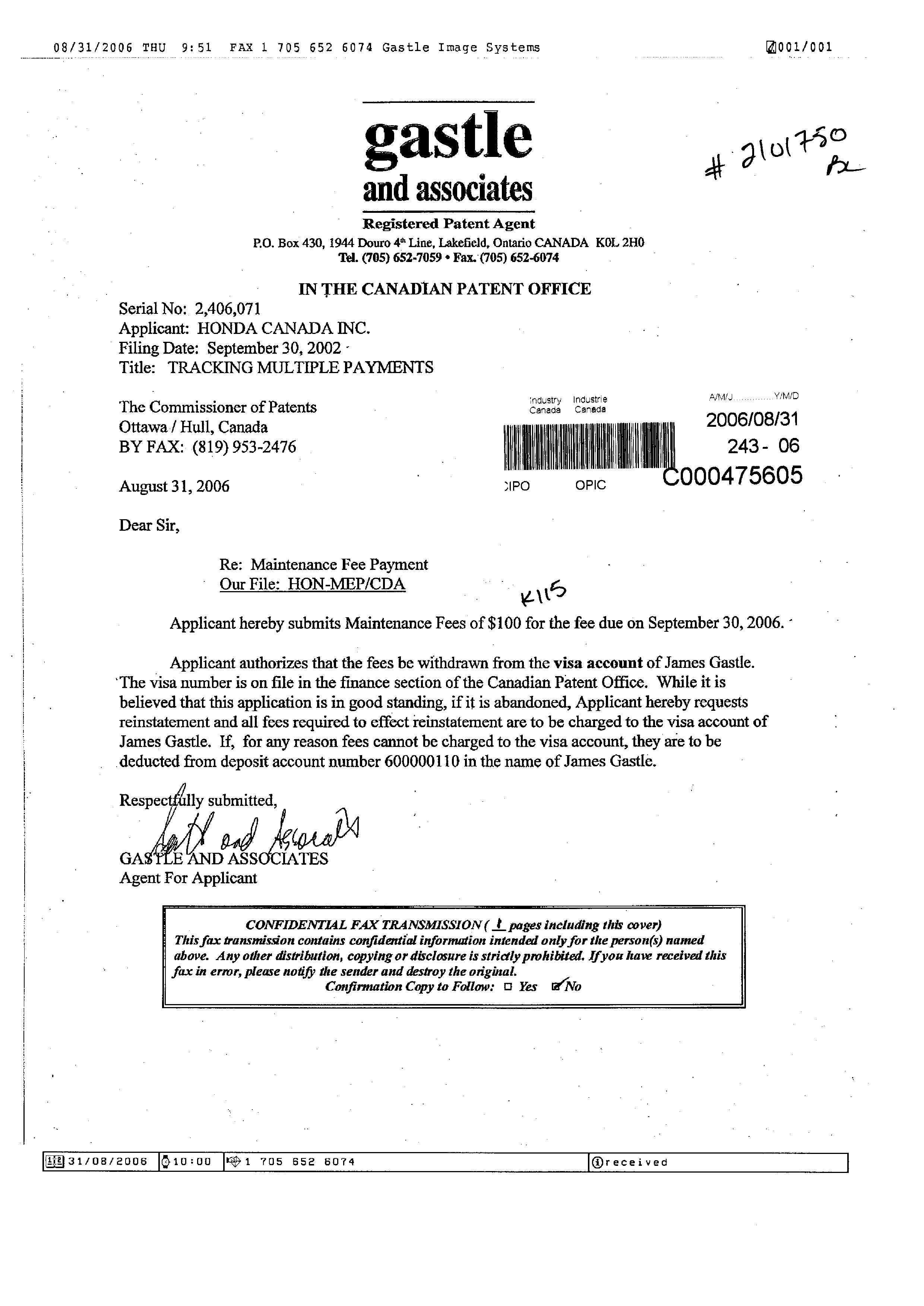 Canadian Patent Document 2406071. Fees 20060831. Image 1 of 1