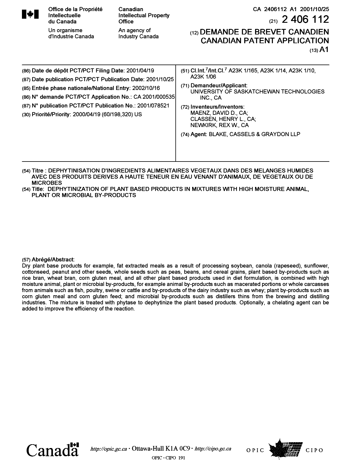 Canadian Patent Document 2406112. Cover Page 20030129. Image 1 of 1