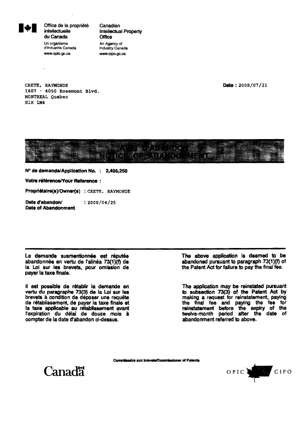 Document de brevet canadien 2406250. Poursuite-Amendment 20080728. Image 2 de 5