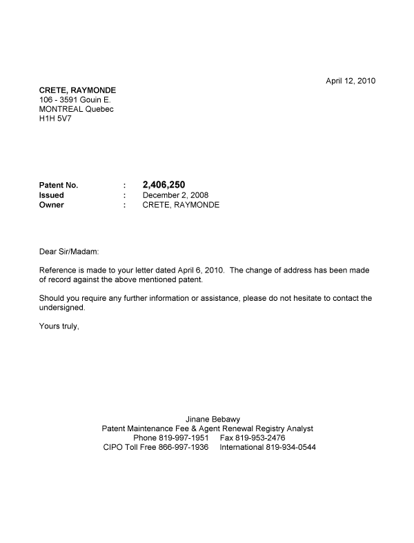 Canadian Patent Document 2406250. Correspondence 20100412. Image 1 of 1