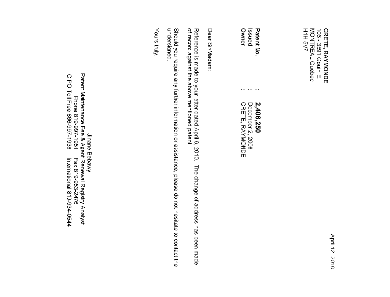 Document de brevet canadien 2406250. Correspondance 20100412. Image 1 de 1