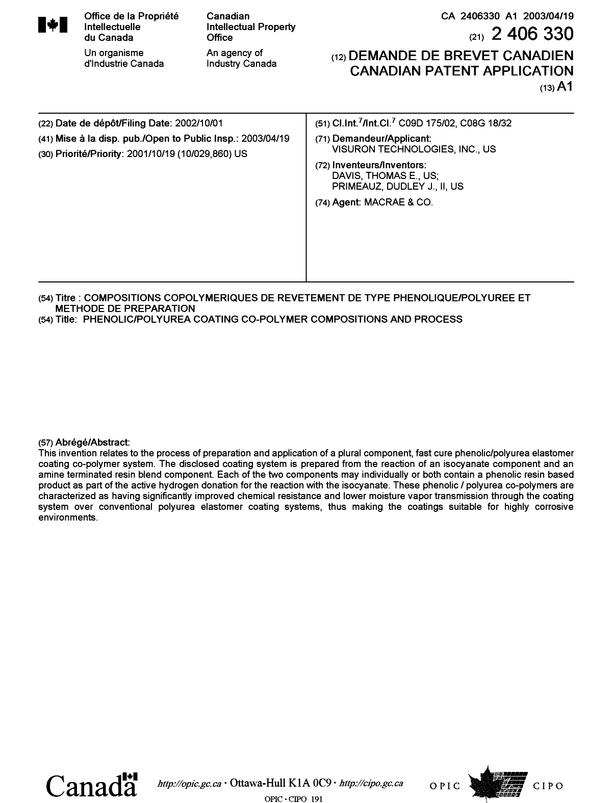 Document de brevet canadien 2406330. Page couverture 20030328. Image 1 de 1