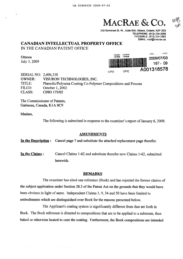 Document de brevet canadien 2406330. Poursuite-Amendment 20090703. Image 1 de 13