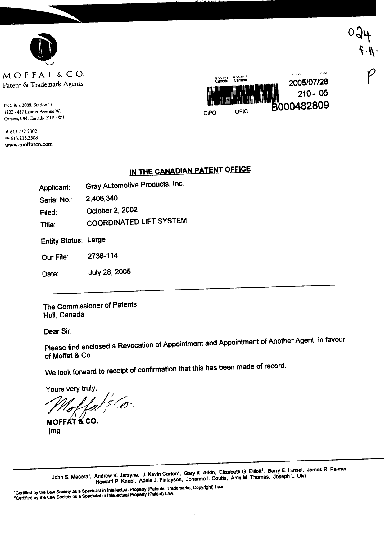 Document de brevet canadien 2406340. Correspondance 20050728. Image 1 de 2