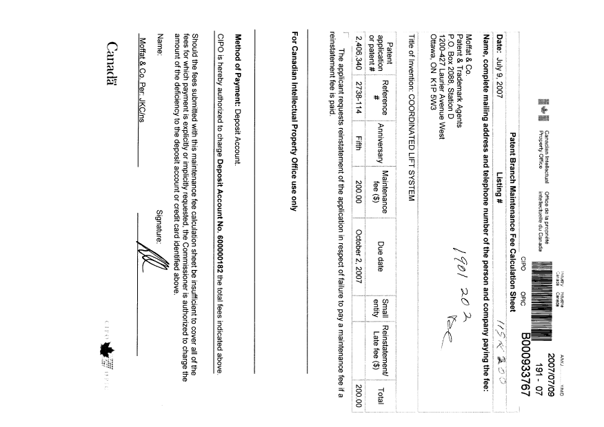 Document de brevet canadien 2406340. Taxes 20070709. Image 1 de 1