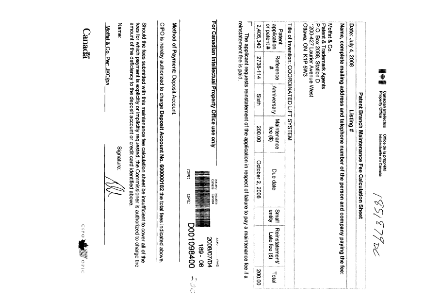 Canadian Patent Document 2406340. Fees 20071204. Image 1 of 1