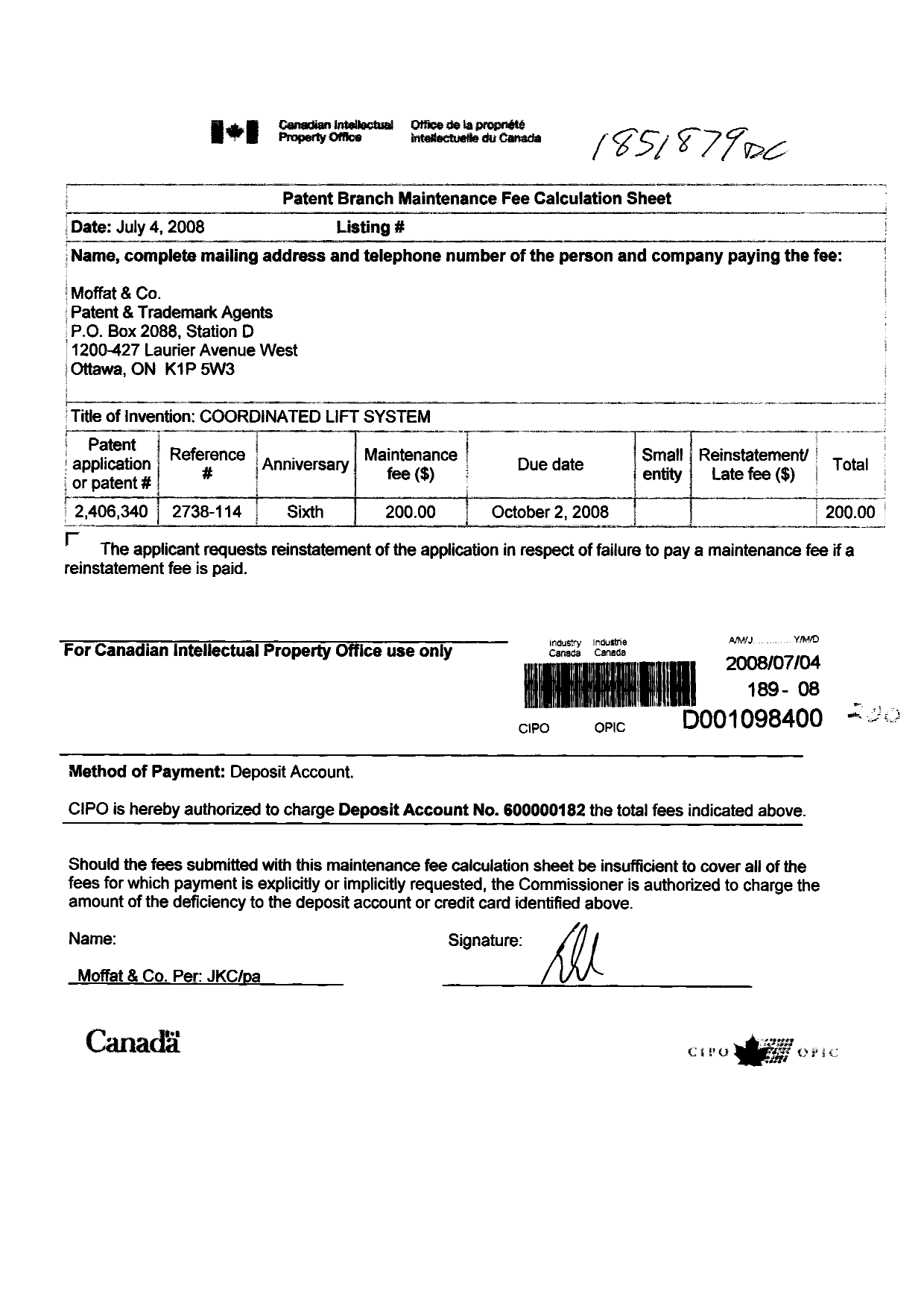 Canadian Patent Document 2406340. Fees 20071204. Image 1 of 1