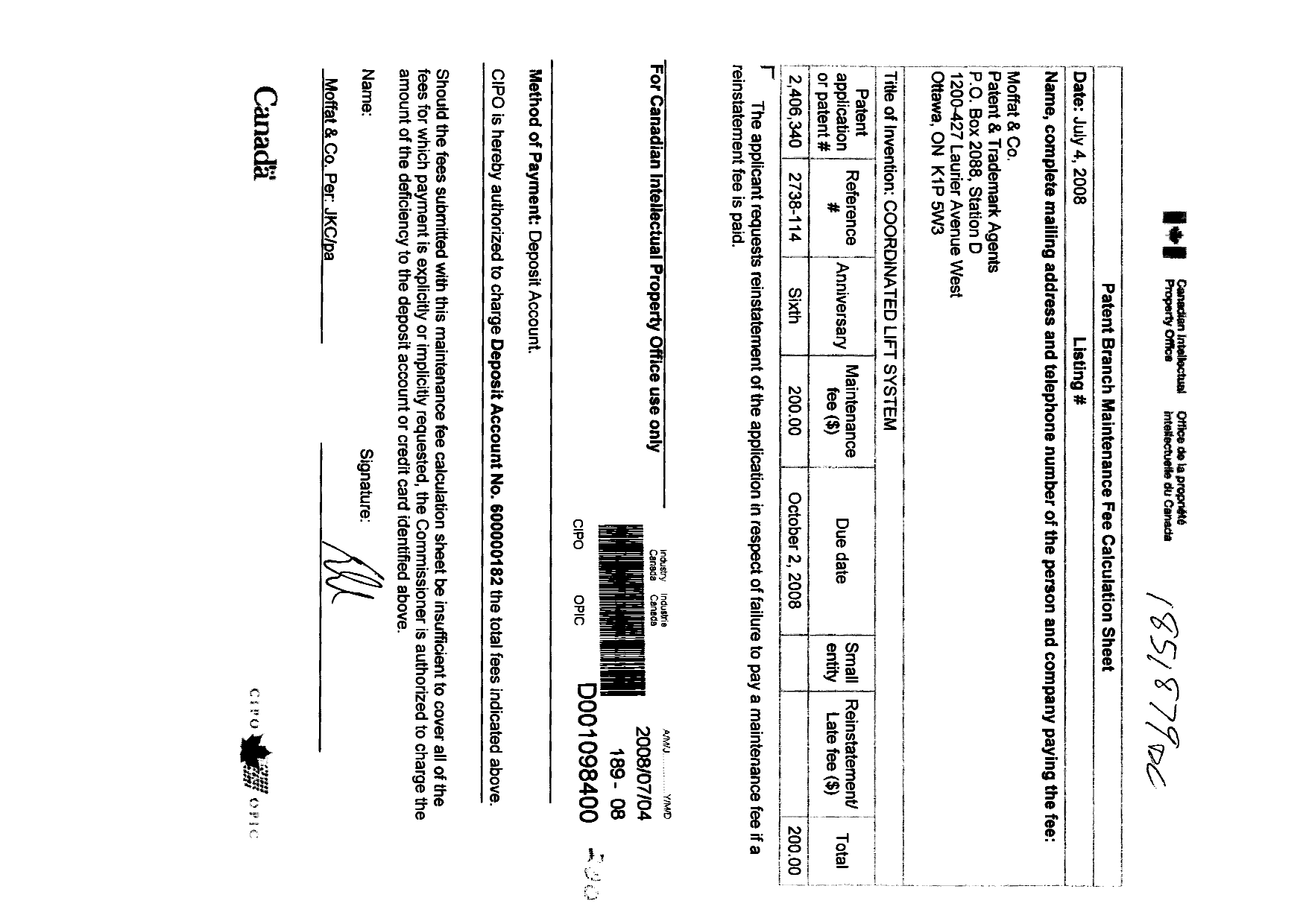 Document de brevet canadien 2406340. Taxes 20071204. Image 1 de 1