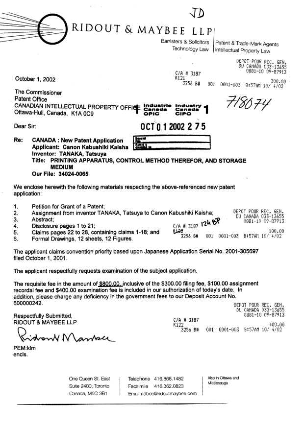 Document de brevet canadien 2406351. Cession 20021001. Image 1 de 4