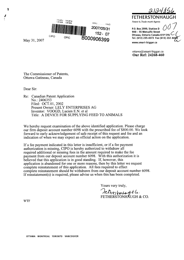 Document de brevet canadien 2406353. Poursuite-Amendment 20070531. Image 1 de 1