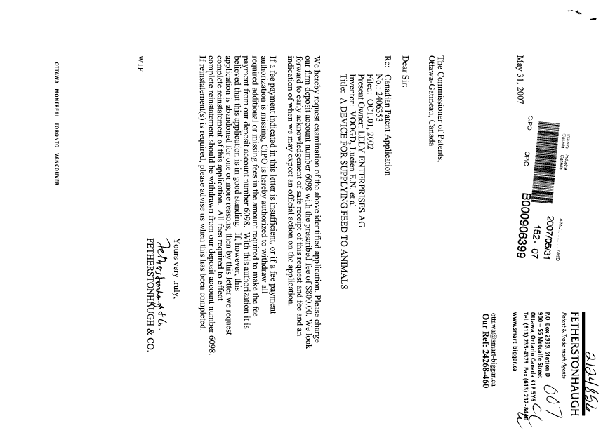 Canadian Patent Document 2406353. Prosecution-Amendment 20070531. Image 1 of 1