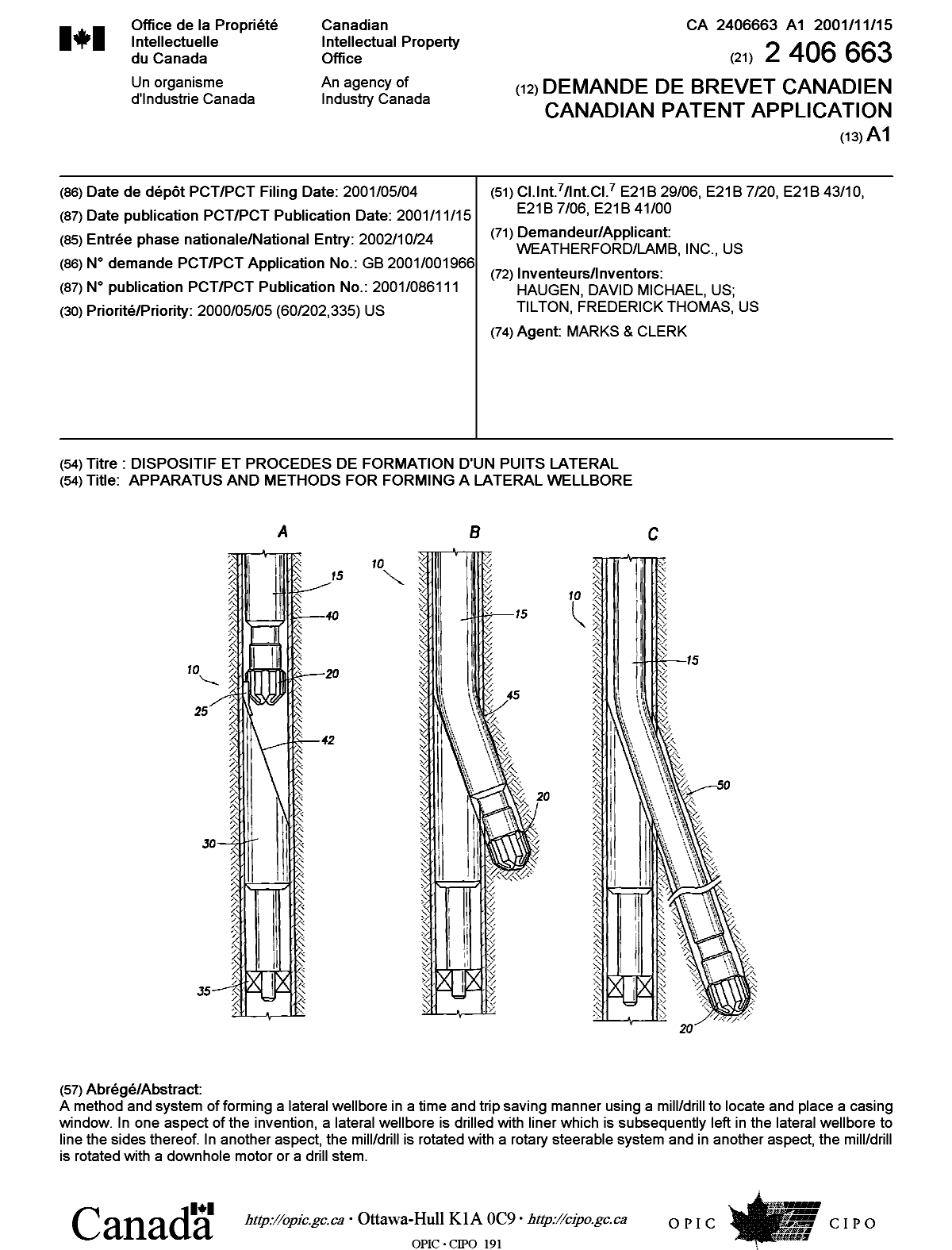 Document de brevet canadien 2406663. Page couverture 20030220. Image 1 de 1