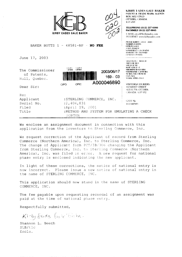 Document de brevet canadien 2406831. Cession 20030617. Image 1 de 11
