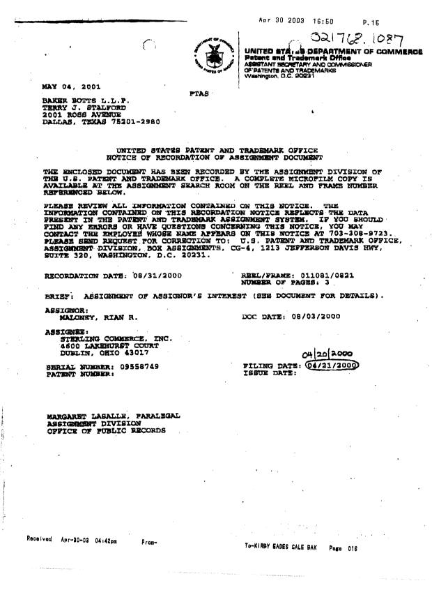 Canadian Patent Document 2406831. Assignment 20030617. Image 3 of 11
