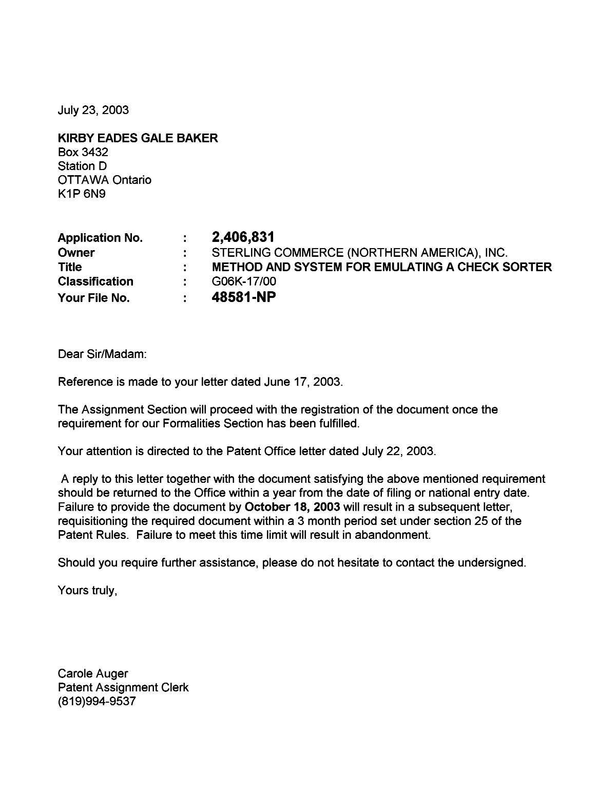 Document de brevet canadien 2406831. Correspondance 20030723. Image 1 de 1