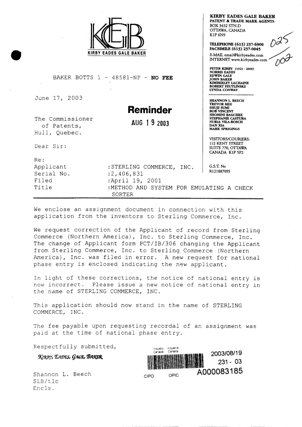 Document de brevet canadien 2406831. Correspondance 20030819. Image 1 de 1