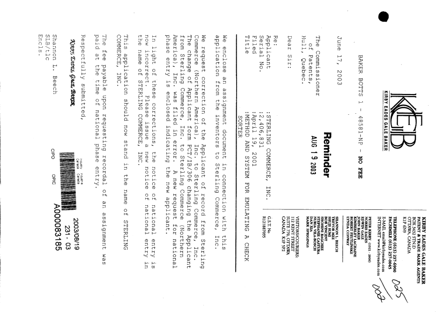 Canadian Patent Document 2406831. Correspondence 20030819. Image 1 of 1