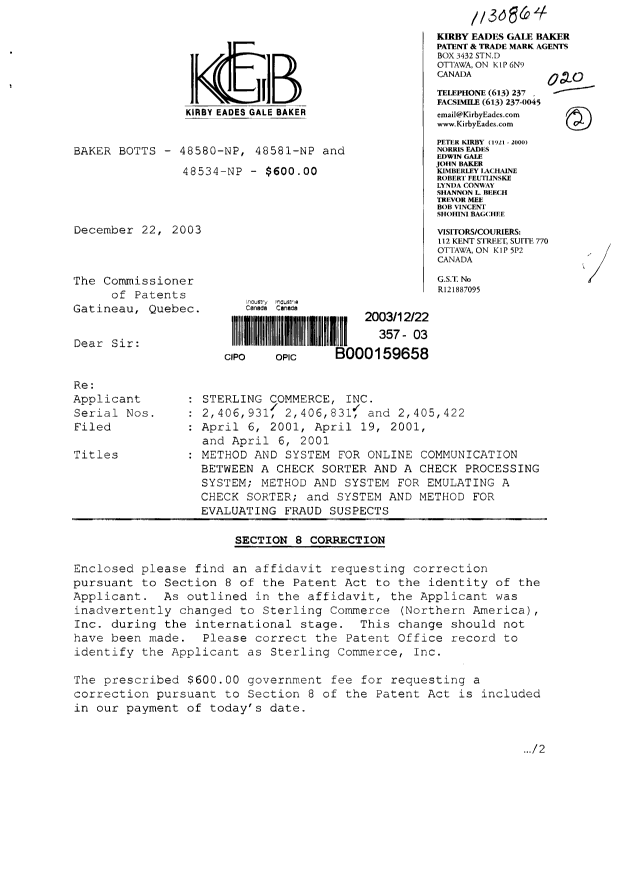 Document de brevet canadien 2406831. Correspondance 20031222. Image 1 de 3