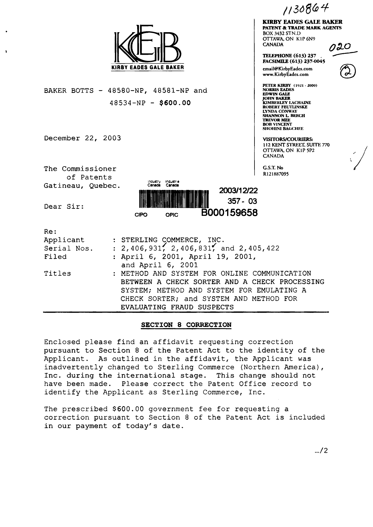 Canadian Patent Document 2406831. Correspondence 20031222. Image 1 of 3