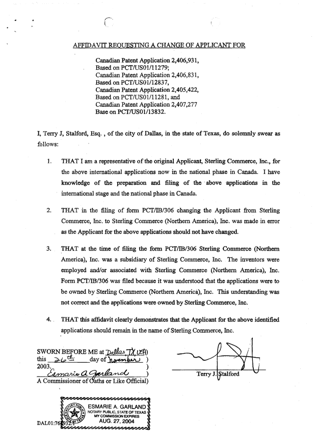 Canadian Patent Document 2406831. Correspondence 20031222. Image 3 of 3