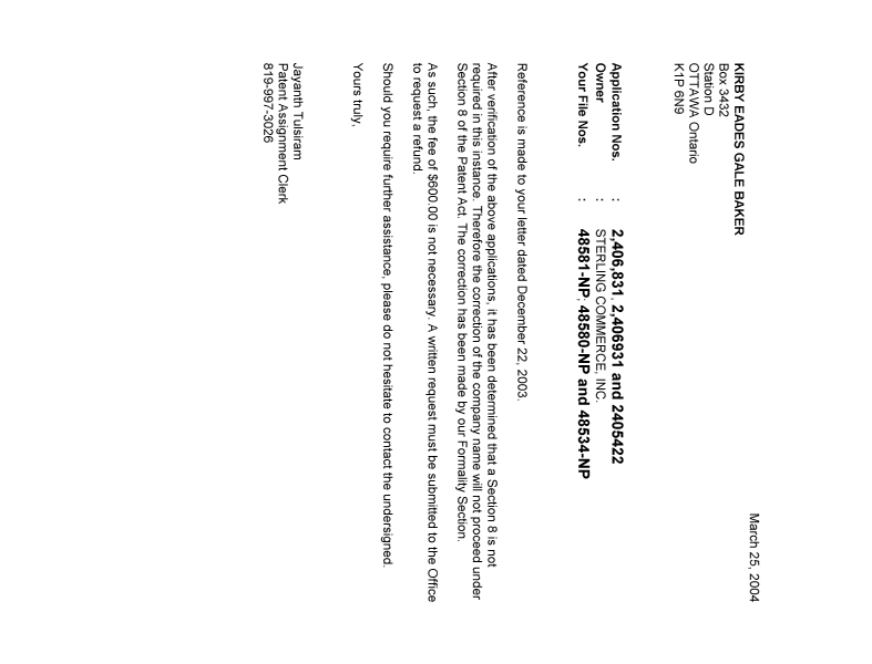 Document de brevet canadien 2406831. Correspondance 20040325. Image 1 de 1