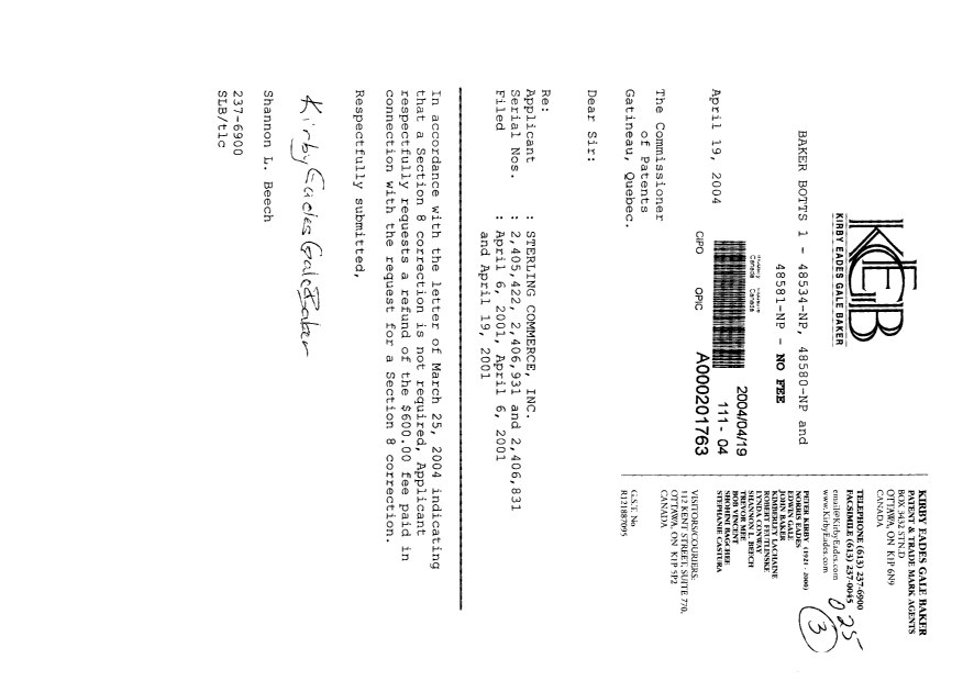 Document de brevet canadien 2406831. Cession 20040419. Image 1 de 1