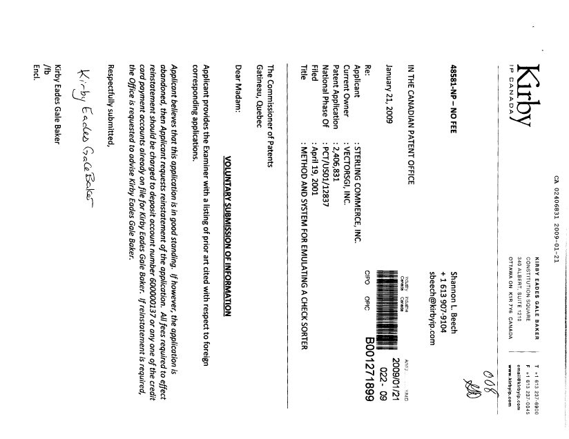 Document de brevet canadien 2406831. Poursuite-Amendment 20090121. Image 1 de 1