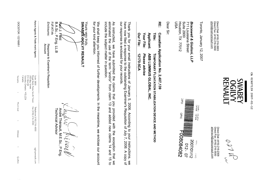 Document de brevet canadien 2407139. Poursuite-Amendment 20070112. Image 1 de 9