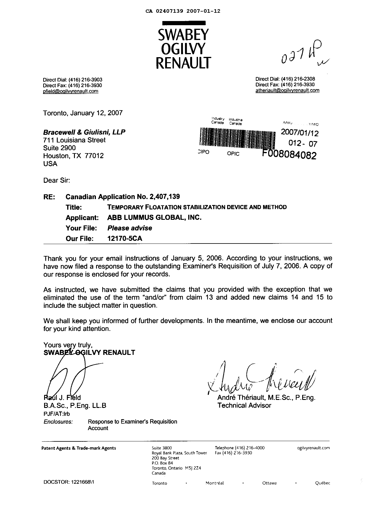 Document de brevet canadien 2407139. Poursuite-Amendment 20070112. Image 1 de 9