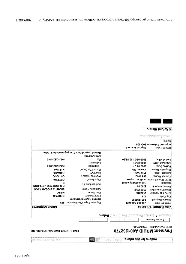 Canadian Patent Document 2407215. Correspondence 20090831. Image 1 of 4