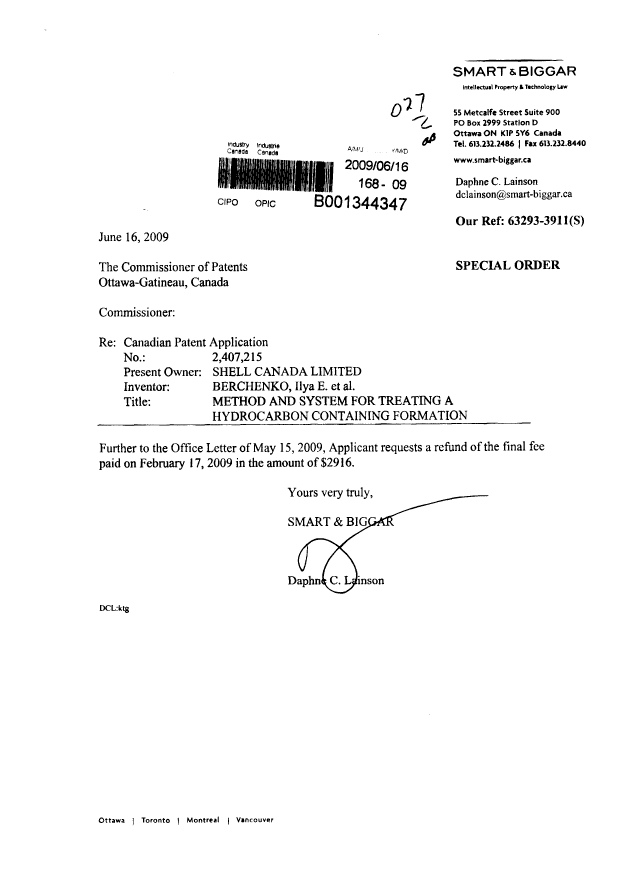 Document de brevet canadien 2407215. Correspondance 20090831. Image 4 de 4