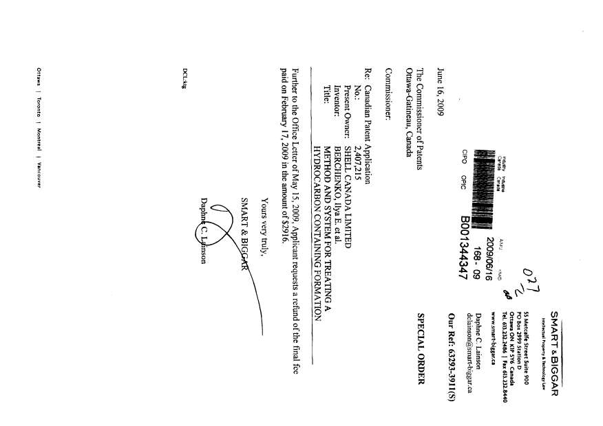 Canadian Patent Document 2407215. Correspondence 20090831. Image 4 of 4