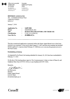 Document de brevet canadien 2407304. Correspondance 20100107. Image 1 de 1