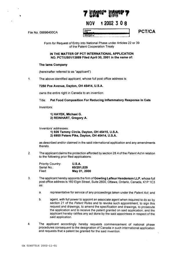 Document de brevet canadien 2407316. Cession 20021101. Image 2 de 3
