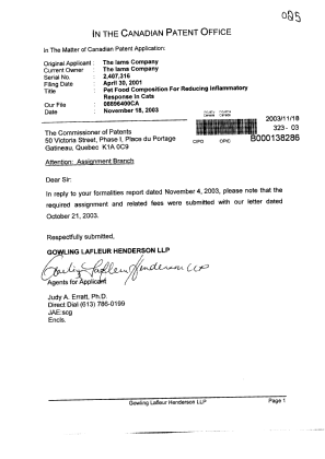 Document de brevet canadien 2407316. Cession 20031118. Image 1 de 1