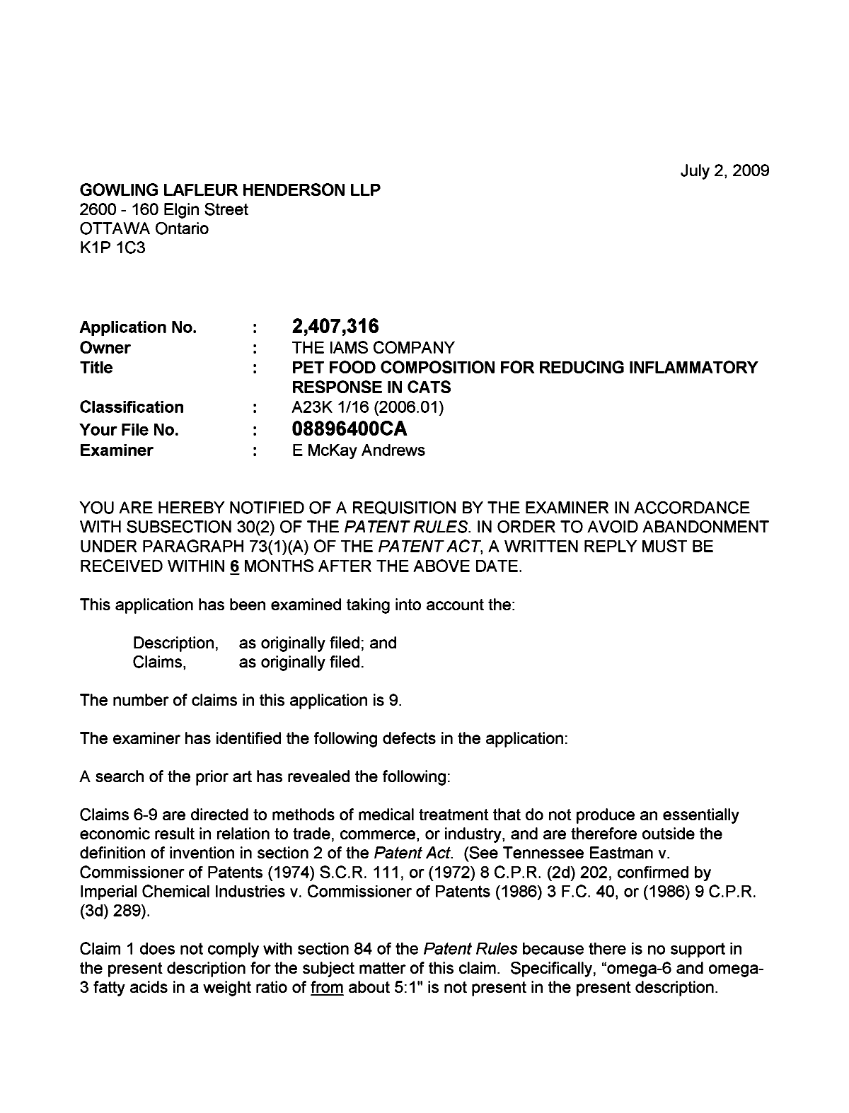 Document de brevet canadien 2407316. Poursuite-Amendment 20090702. Image 1 de 2