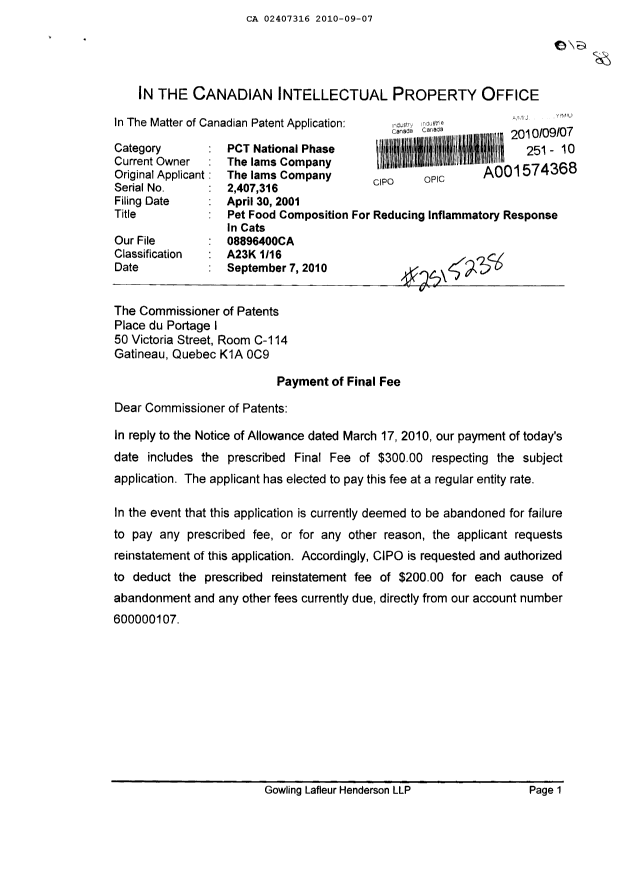 Document de brevet canadien 2407316. Correspondance 20100907. Image 1 de 2