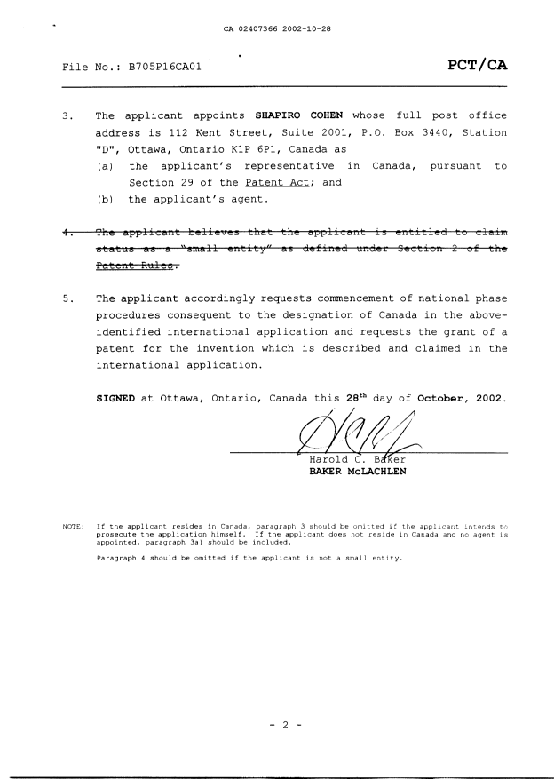 Document de brevet canadien 2407366. Cession 20021028. Image 3 de 3