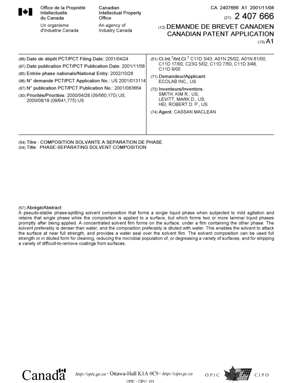 Canadian Patent Document 2407666. Cover Page 20030205. Image 1 of 1