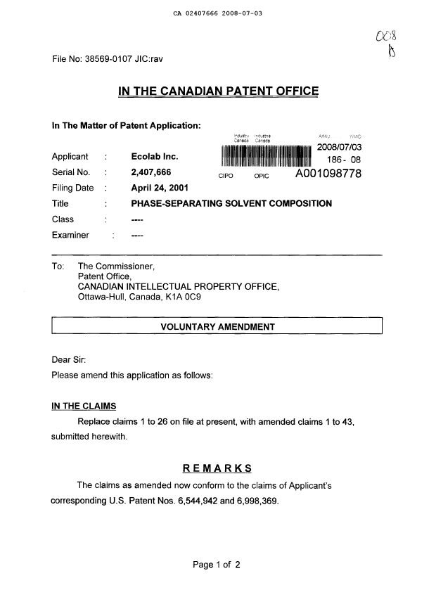 Document de brevet canadien 2407666. Poursuite-Amendment 20080703. Image 1 de 8
