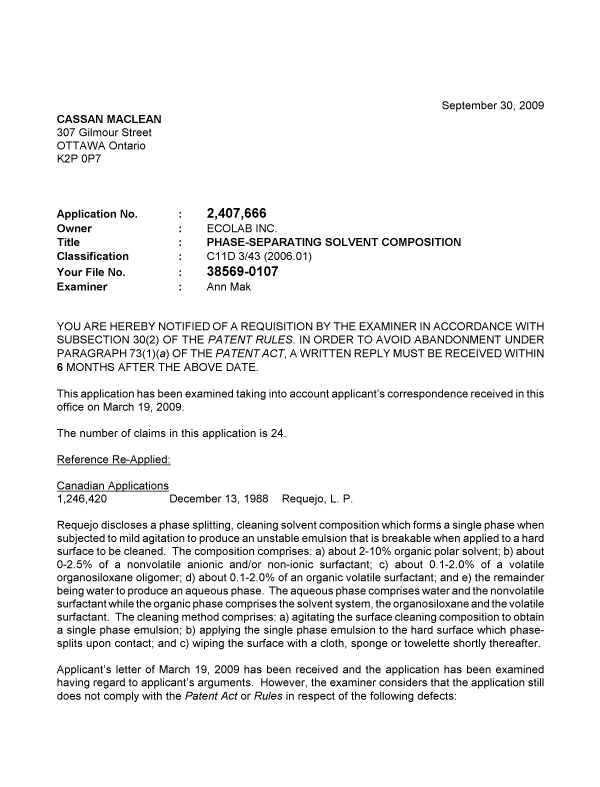 Canadian Patent Document 2407666. Prosecution-Amendment 20090930. Image 1 of 3