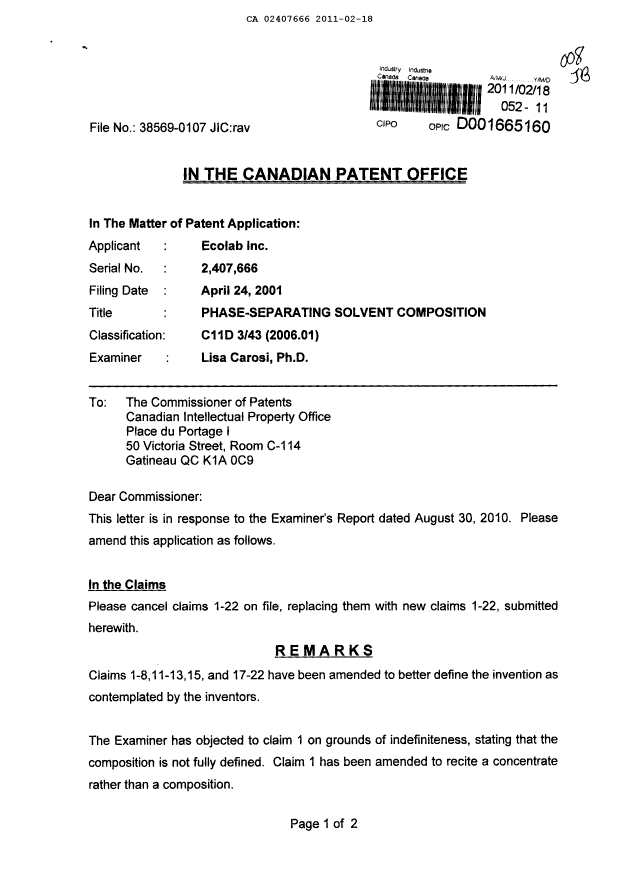 Document de brevet canadien 2407666. Poursuite-Amendment 20110218. Image 1 de 5