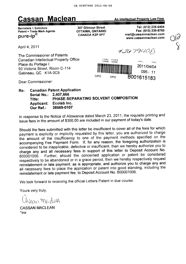 Document de brevet canadien 2407666. Correspondance 20110404. Image 1 de 1